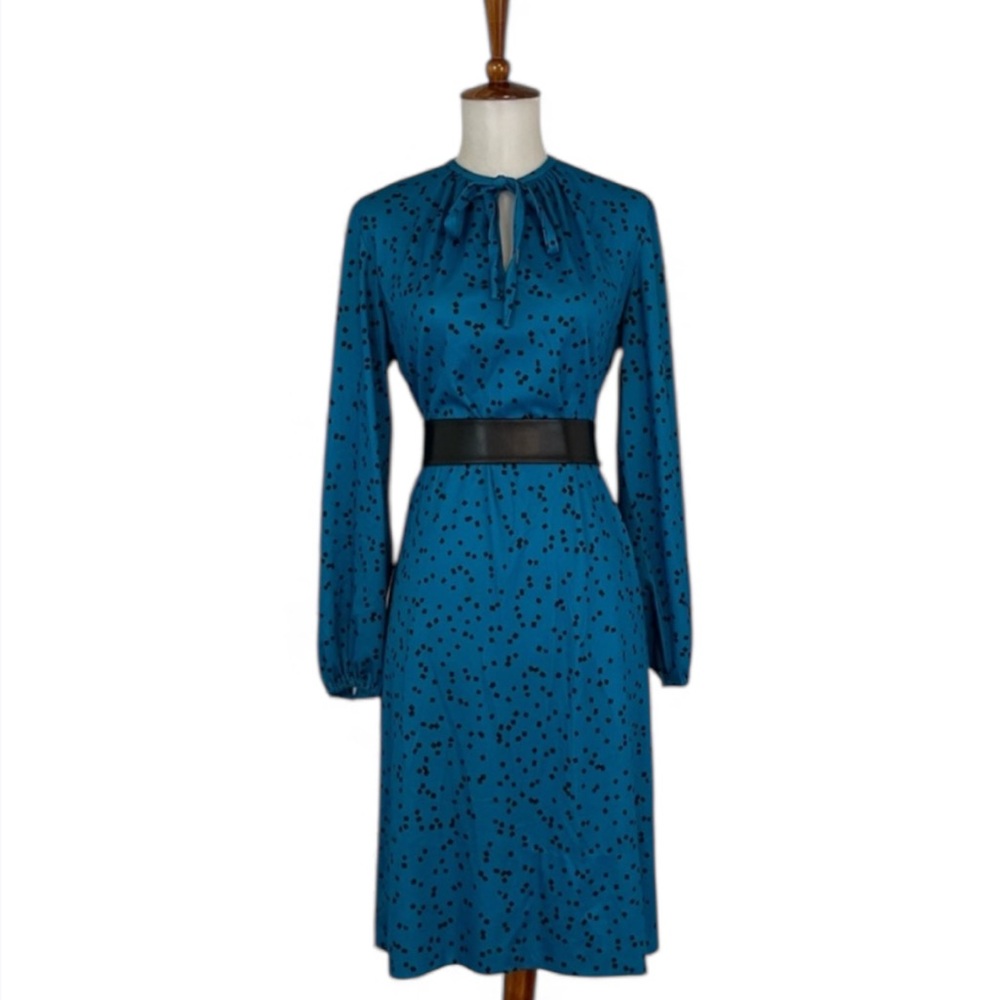 Vintage Printed Dress Women’s L 70s 80s‎ Dress Long Sleeve Shift Keyhole Tie